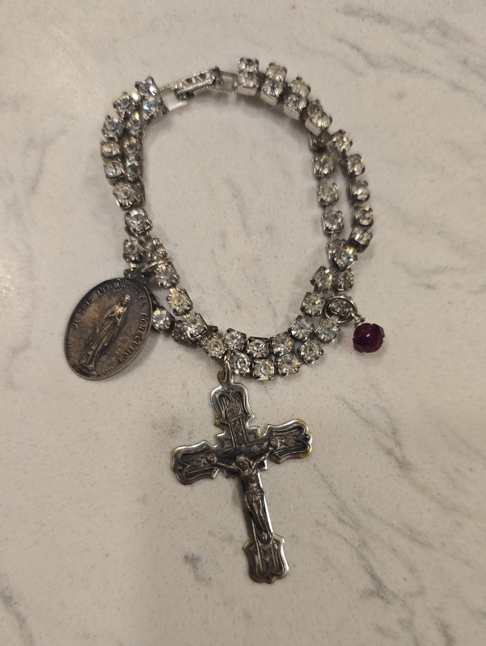 Silver-Tone Rhinestone Religious Charm Bracelet with Cross Pendant - Silver